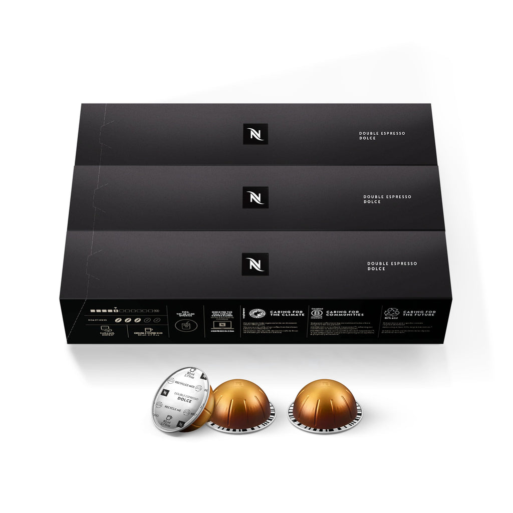 Nespresso Vertuo, Double Espresso Dolce, Mild Roast, 30-Count Espresso Pods | Mild-Roast Coffee Capsules, Malted cereal and subtle fruit notes