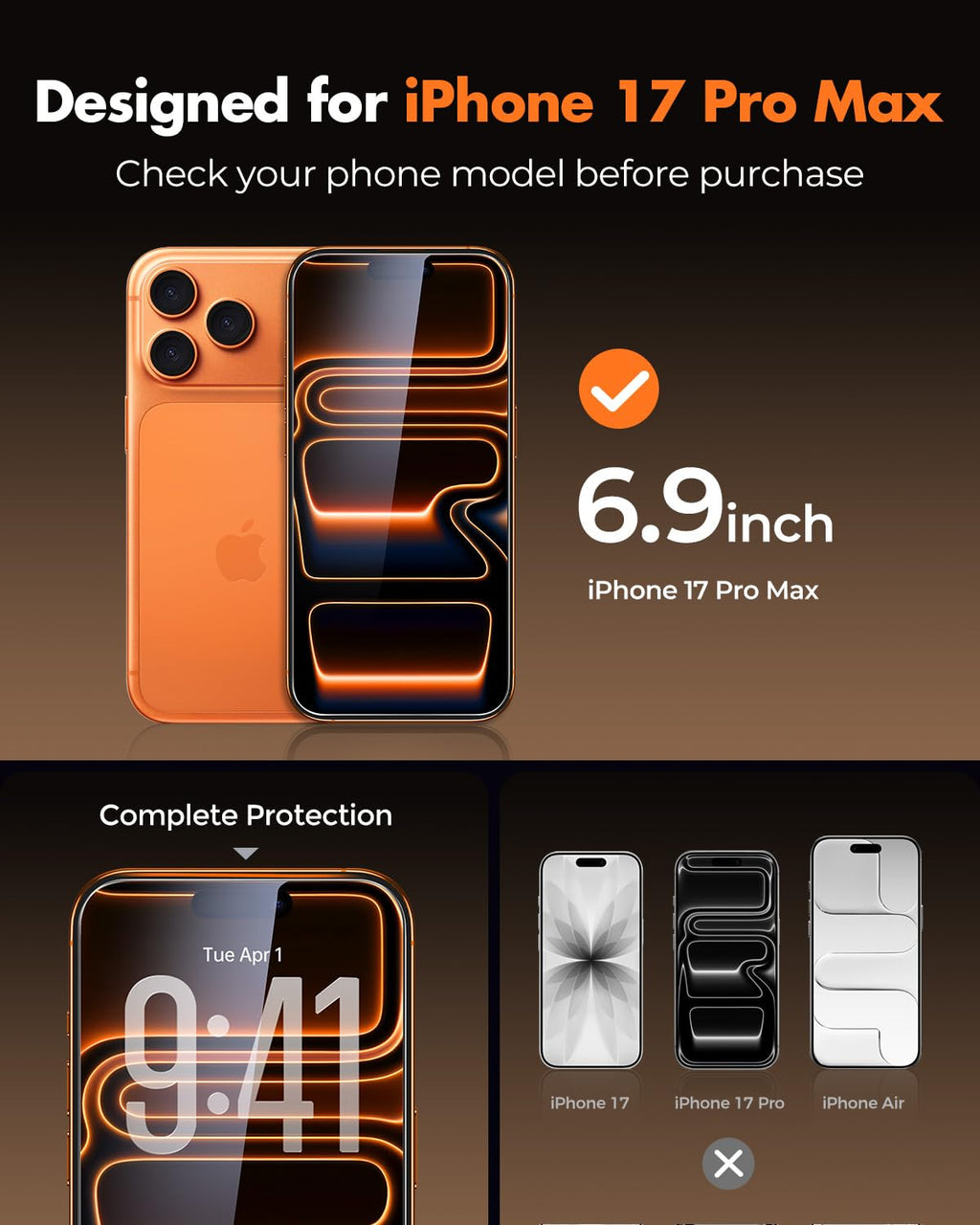 UNBREAKcable 3-Pack Screen Protector for iPhone 17 Pro Max Tempered Glass | Shatterproof, Easy Install, 9H Hardness, 99.99% HD Clear, Bubble-Free, Anti-Fingerprint, Scratch Resistant, Case Friendly
