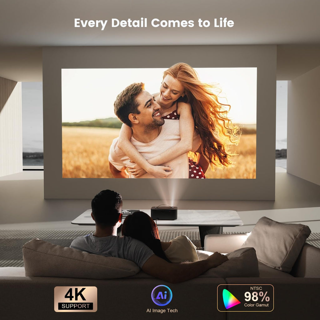 ONOAYO Outdoor-Projector-4K with AI Auto Focus,50WDolby Audio,Built-in Apps | High Brightness, Smart OS 2.0, Movie Projector with WiFi Bluetooth, Portable Proyector for Bedroom/Ceiling/Camping