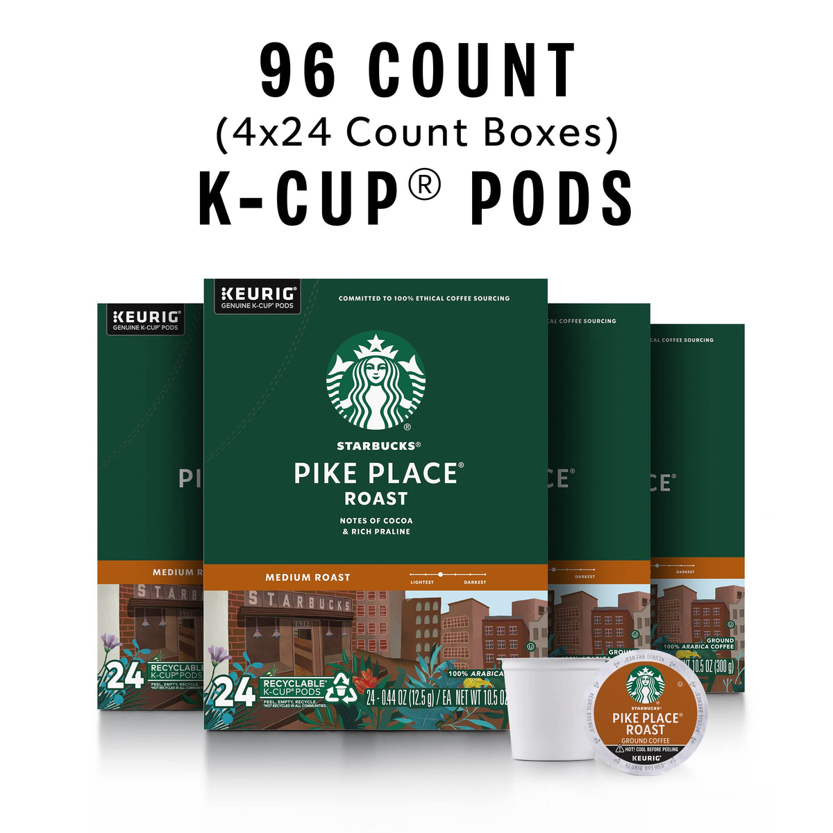 Starbucks K-Cup Coffee Pods, Medium Roast Hot or Iced Coffee, Pike Place Roast, 96 Keurig Pods ​