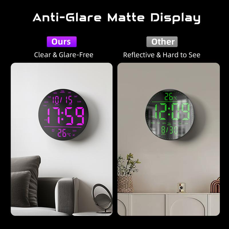 360° RGB LED Digital Wall Clock with Music Sync | 10" Large Anti-Glare Display, Bluetooth Auto Time, Remote Control, Auto Dimming & 15 Color Modes (USB Powered)