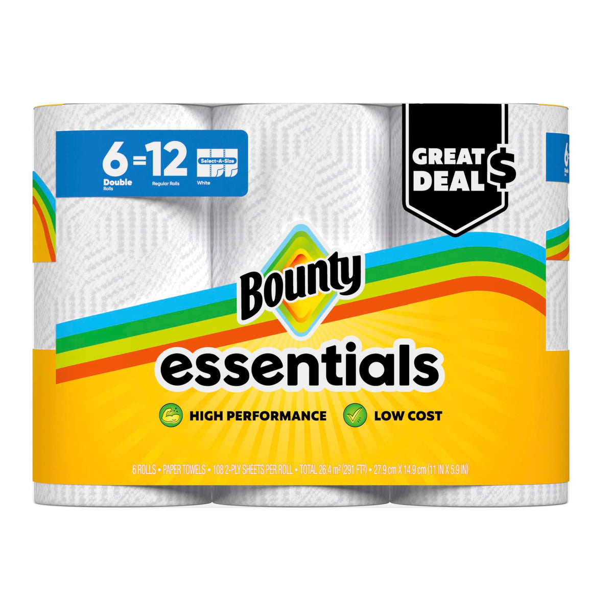 Bounty Essentials Select-A-Size Paper Towels, 6 Double Rolls, White, 108 Sheets Per Roll