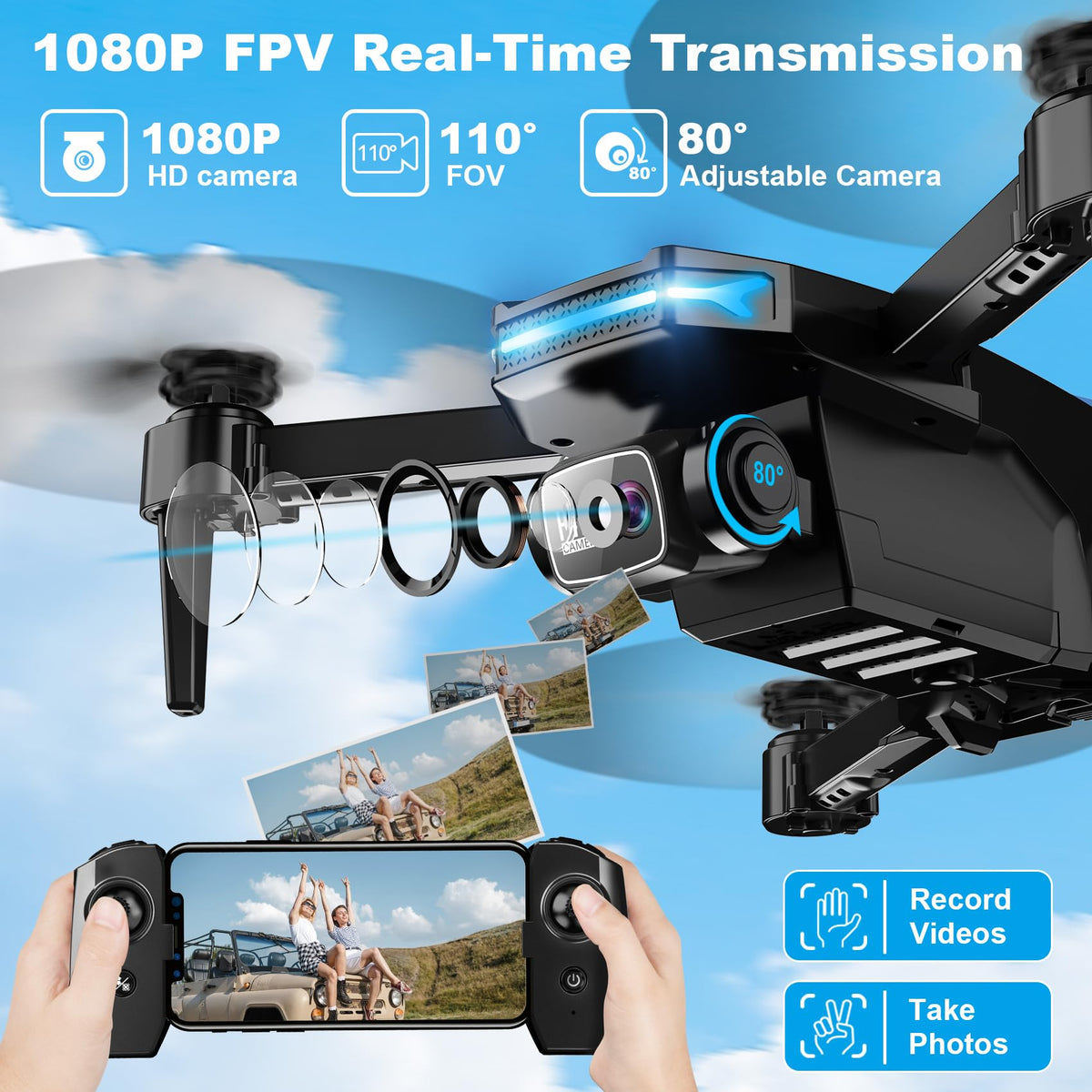 Drone with 1080P Camera - Foldable Remote Control RC Quadcopter FPV Drone | Camera Drone with Gesture Control, 3D Flip, One Key Start, Emergency Stop, 2 Batteries, Toy Drone for Kids Adult Beginners