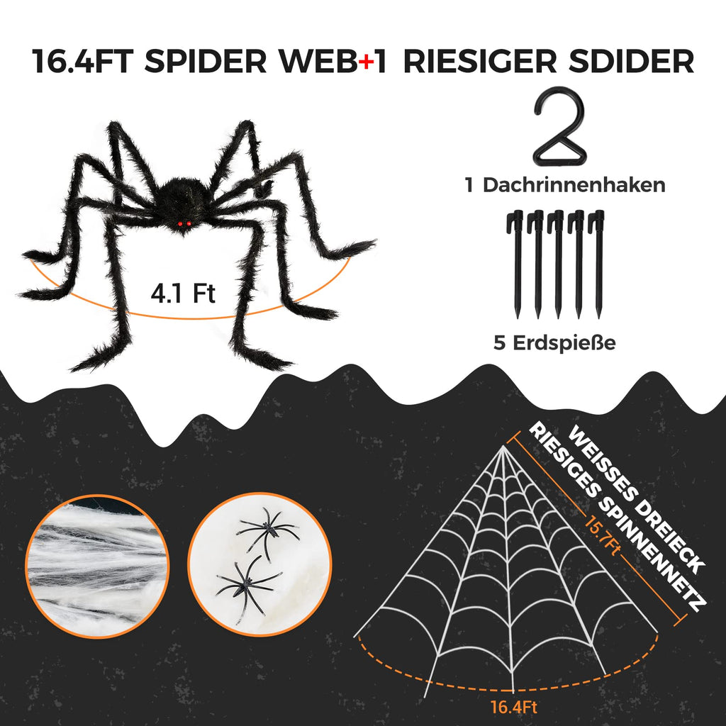 Halloween Decorations Outdoor Spider Webs:1Pcs Giant Spiders-Outdoor Use | 200'' Triangular Web with Hook-Stretch Web and Ground Stakes for Large Halloween Decor and Haunted House Decoration(4.1FT)