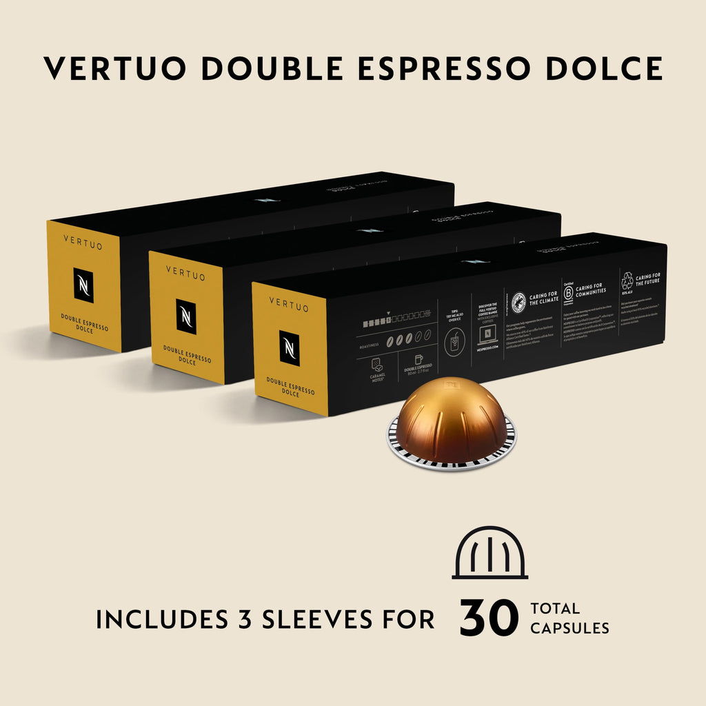 Nespresso Vertuo, Double Espresso Dolce, Mild Roast, 30-Count Espresso Pods | Mild-Roast Coffee Capsules, Malted cereal and subtle fruit notes