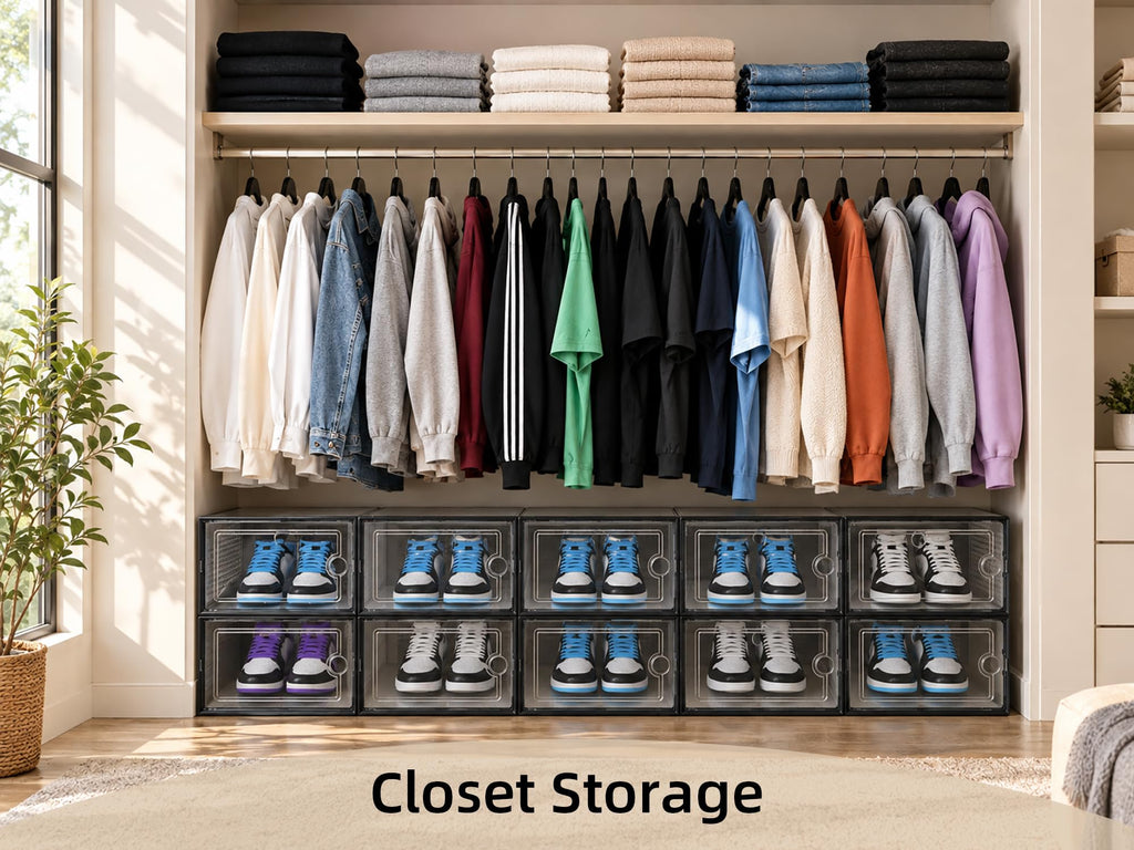 Kuject X-Large Shoe Storage Boxes 12 Pack, Clear Stackable Shoe Organizer | Drop-Front Space-Saving Shoe Cases for Closet, Entryway & Under-Bed Storage, Family Organizer,Black