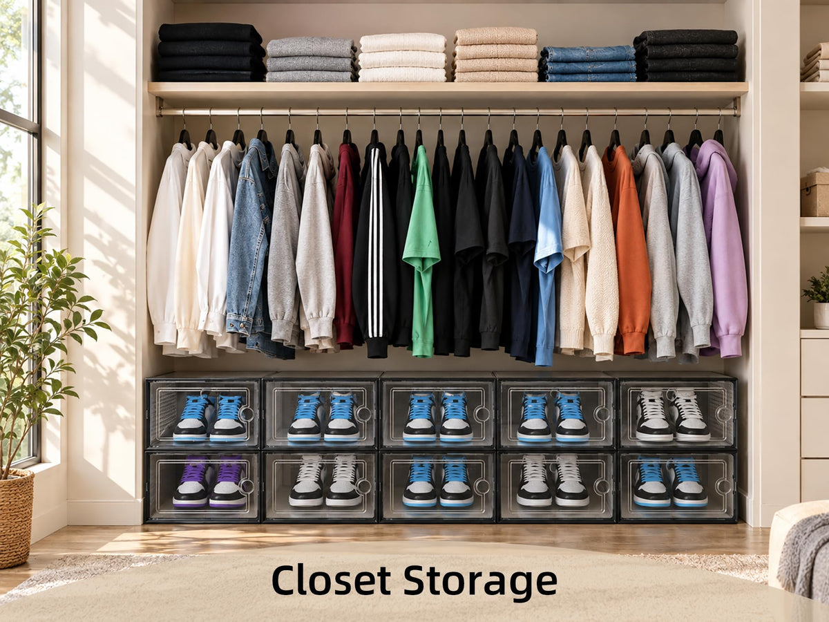 Kuject X-Large Shoe Storage Boxes 12 Pack, Clear Stackable Shoe Organizer | Drop-Front Space-Saving Shoe Cases for Closet, Entryway & Under-Bed Storage, Family Organizer,Black