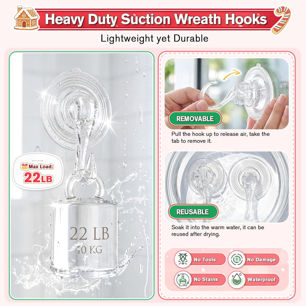 VIS'V Suction Wreath Hanger with Wipes, 22 Lb Capacity, Large, Clear, 2 Pcs | Heavy Duty, Removable and Reusable, Invisible Design, Locking Technology, Dual Vacuum Suction, Fit for Smooth Flat Surfaces