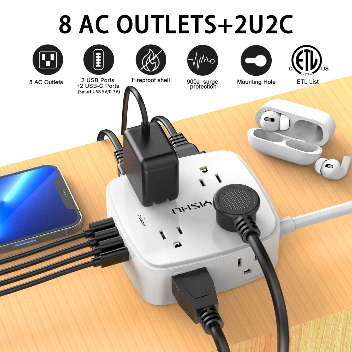 YISHU 6Ft Surge Protector Power Strip with 8 Widely Outlets & 4 USB Ports | 3 Side Outlet Extender with 6 Feet Extension Cord, Flat Plug, for Home, Office, College Dorm Room Essentials