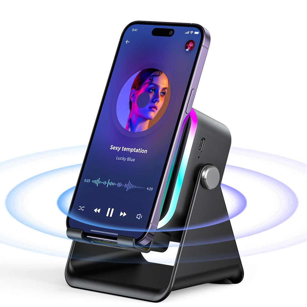 Induction Speaker with Phone Stand 5 in 1 Wireless Bluetooth Audio Black | Phone Speaker Amplifier for iPhone & Android with RGB Light and USB Wired Charging, Birthday Gift for Men Women Teens