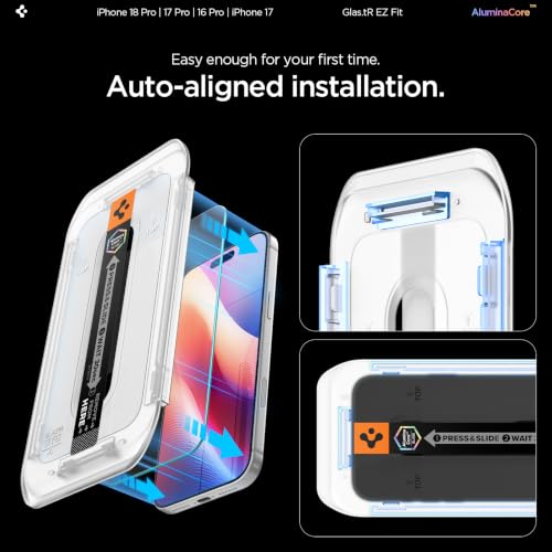 Spigen GlasTR EZ FIT Screen Protector for iPhone 18 Pro, 17 Pro, 17, 16 Pro | AluminaCore Aluminum-enhanced 9H+ tempered glass, Auto-align tray, 100% clarity, Original touch, Case-friendly, 2Pack