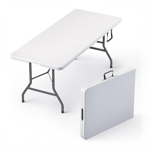 6 Feet Foldable Table with Built in Handle & Steel Legs | 6FT Heavy Duty Folding Portable | Perfect for Party, Dining, Wedding, Events, Picnic Indoor, Outdoor, Camping, Utility, Folding - 6 Foot