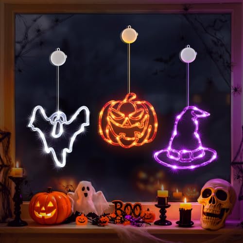 Minetom 3 Pack Halloween Windows Lights - Pumpkin, Ghost, Hat with Timer | Battery Operated Halloween Lights with Firm Suction Cup, Halloween Decorations for Windows, Doors, Balconies, Wardrobes