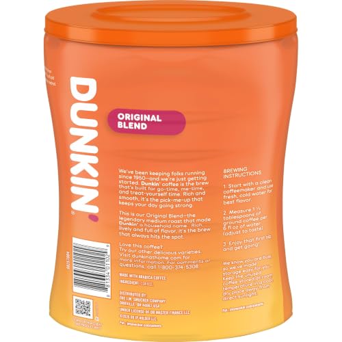 Dunkin’ Original Blend Medium Roast Ground Coffee, 30 Oz. Canister | Made with Arabica beans, rich & smooth flavor, stay-fresh coffee canister, easy-drinking medium roast, great hot or iced
