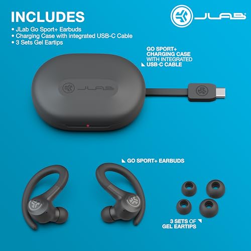 JLab, Go Sport+, True Wireless Workout Earbuds, Bluetooth Sport Earbuds, Clear Calling, Graphite