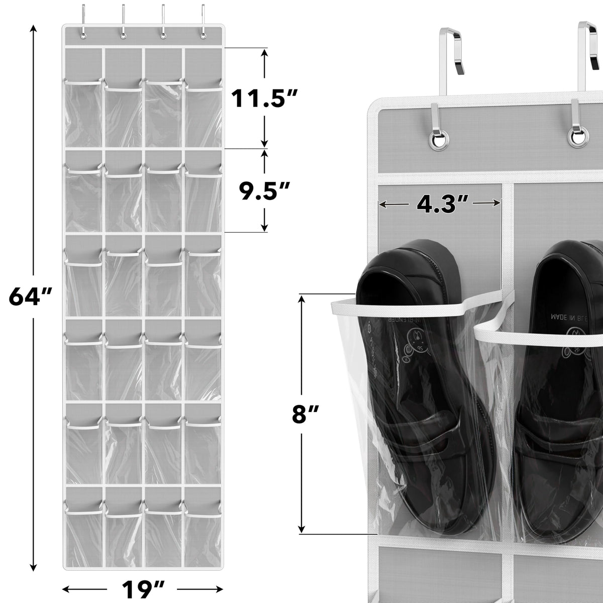 Simple Houseware 24 Pockets Clear Over the Door Shoe Organizer, Gray | 64" x 19", 4 Durable Metal Hooks, 4.3" x 9.5" Pocket Size, Multipurpose