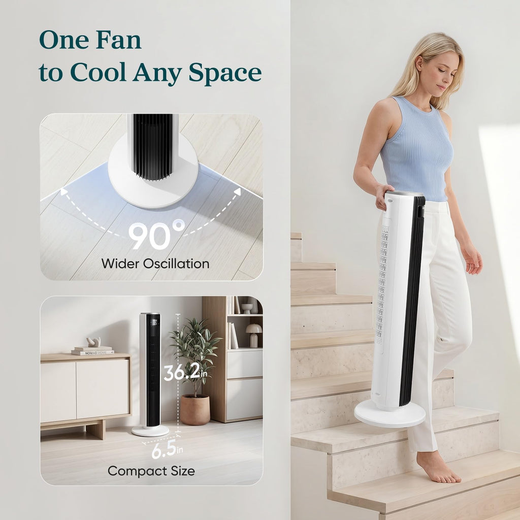 Levoit Tower Fan for Bedroom, 28ft/s Fans that Blow Cold Air, 28dB Quiet | Standing Floor Fan for Room, 90° Oscillating, 5 Speeds 4 Modes & Temp Sensor, Bladeless, 12H Timer, Remote, 36 inch, White