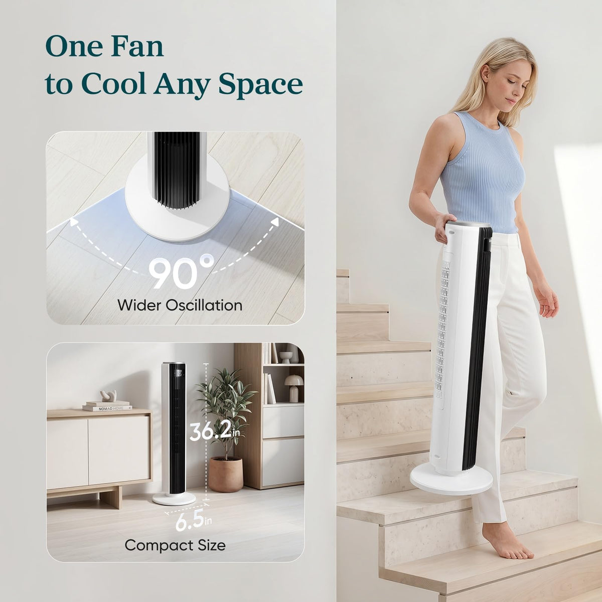 Levoit Tower Fan for Bedroom, 28ft/s Fans that Blow Cold Air, 28dB Quiet | Standing Floor Fan for Room, 90° Oscillating, 5 Speeds 4 Modes & Temp Sensor, Bladeless, 12H Timer, Remote, 36 inch, White