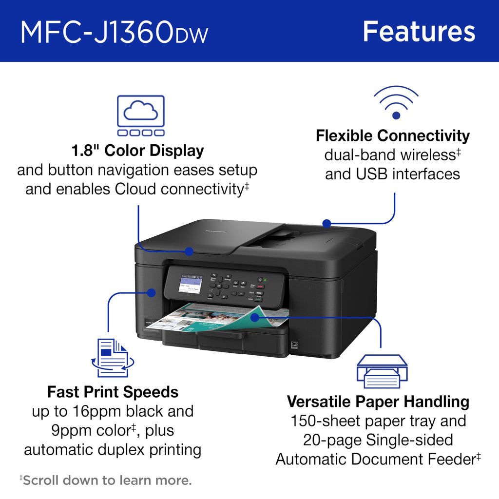 Brother Work Smart 1360 Wireless Color Inkjet All-in-One Print, Scan, Copy | Best-for-home, duplex printing, auto document feeder, mobile printing, 1.8” display, works with Alexa