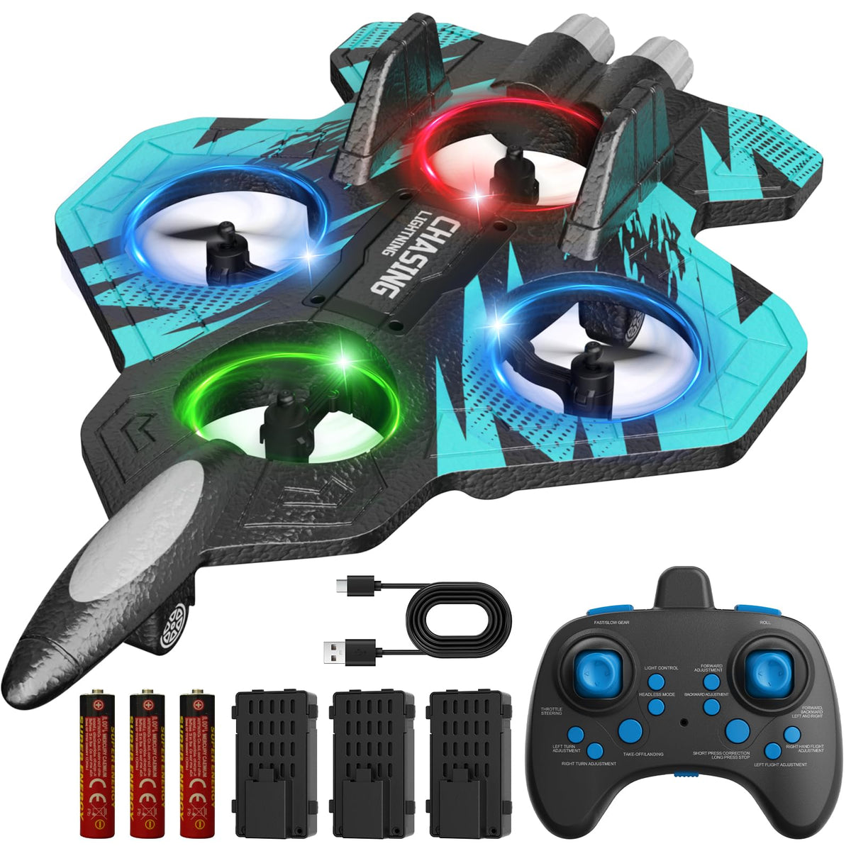 FUNPX Foam RC Plane with 3 Drone Batteries and 3*AAA Batteries (Black/Blue) | 360° flips & stunts, LED night flying, headless mode for easy control, durable foam construction, ideal for beginners aged 6+