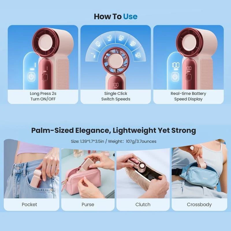 🥳2026 HOT SALE🥳💞50K+ SOLD!💨❄️ ! Turbo Handheld Fan – 8000 RPM, 5 speeds, LED display. 500mAh battery. Pocket‑sized power! 🌬️✨