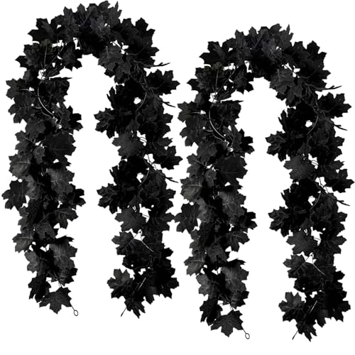 2Pcs Black Maple Leaf Garland Halloween Artificial Fall Leave Vines | 11.8FT, Fall Floral Garlands Thanksgiving Decor for Home Wedding Party
