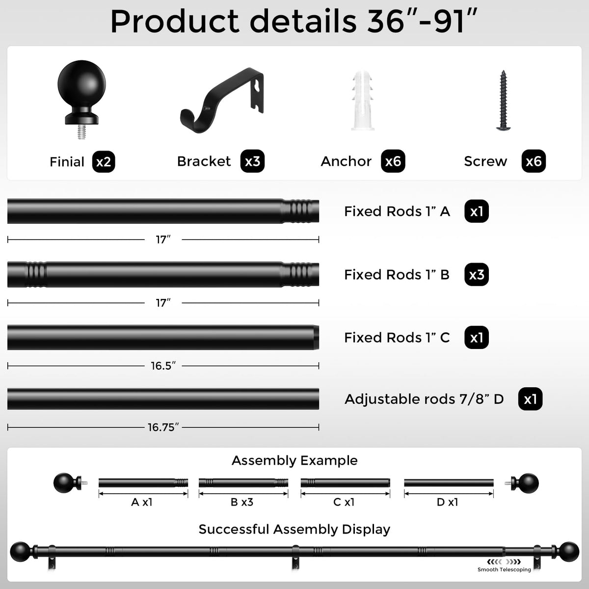 Wolistsa Curtain Rods 36-91 Inch, Black 1 Inch Adjustable Heavy Duty Curtain Rods for Windows, Decorative Modern Window Treatment Rod, Telescopic Splicing Metal Drapery Pole, Easy Installation