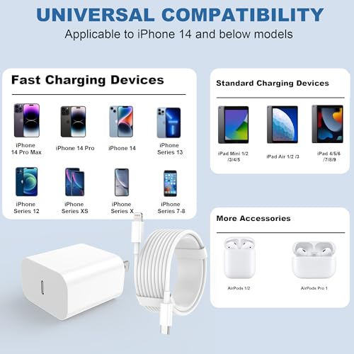 iPhone Charger Fast Charging, USB C Charger Block, 6FT/10FT Lightning Cable | For Apple iPhone 14/13/12/11 Series, 2-Pack 6FT/10FT Long USB C to Lightning Cables, AirPods with Lightning Charging Case