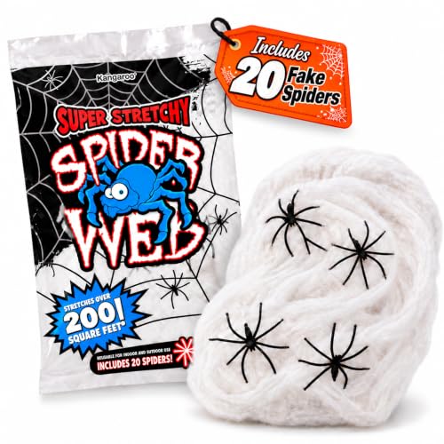 Kangaroo 200 sq. Ft Fake Spider Webs with 20 Fake Spiders for Decorations | Spiderweb Webbing Halloween Cobwebs Decor - Scary Halloween Decor Indoor Outdoor Party Wall, Graveyard Decoration Props