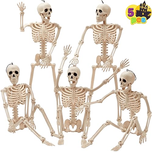 JOYIN 5 PCS Posable Halloween Skeleton Decor 16 Inches, Full Body Posable Joints Hanging Skeletons for Halloween Decorations, Graveyard Props, Haunted House Accessories, Spooky Scene Party Favors