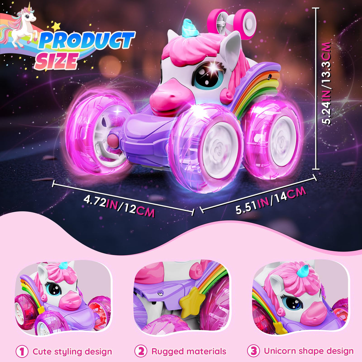 Unicorn Remote Control Car Toys for Girl, Unicorn Toy for Toddlers Ages 3+ | Pink RC Stunt Cars 4WD 360° Rotating 2.4GHz Toy Car with LED Lights, Birthday Gift for 3 4 5 6 7 8 9 Year Old Girls