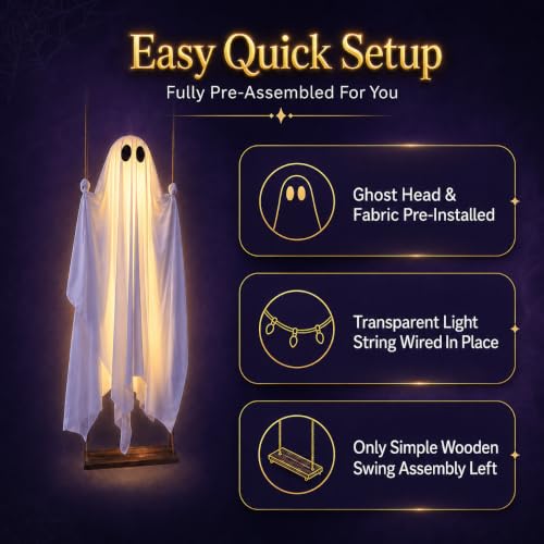 5FT Large Outdoor Halloween Decorations Swing Hanging Ghost for Porch, Yard | Ready to Hang Setup, Height-Adjustable Swing, Timer Remote Lights Strings, Draped Smooth Fabric, Porch Yard Lawn Tree Decor