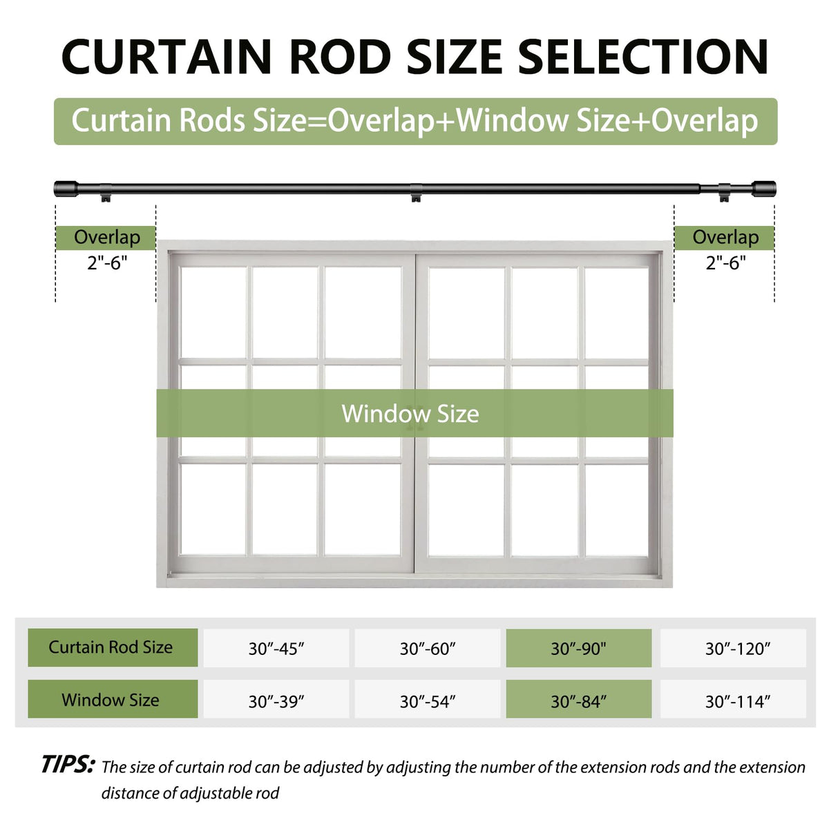 Curtain Rods 30-90 Inch, Adjustable Black Curtain Rods for Windows 1 Pack