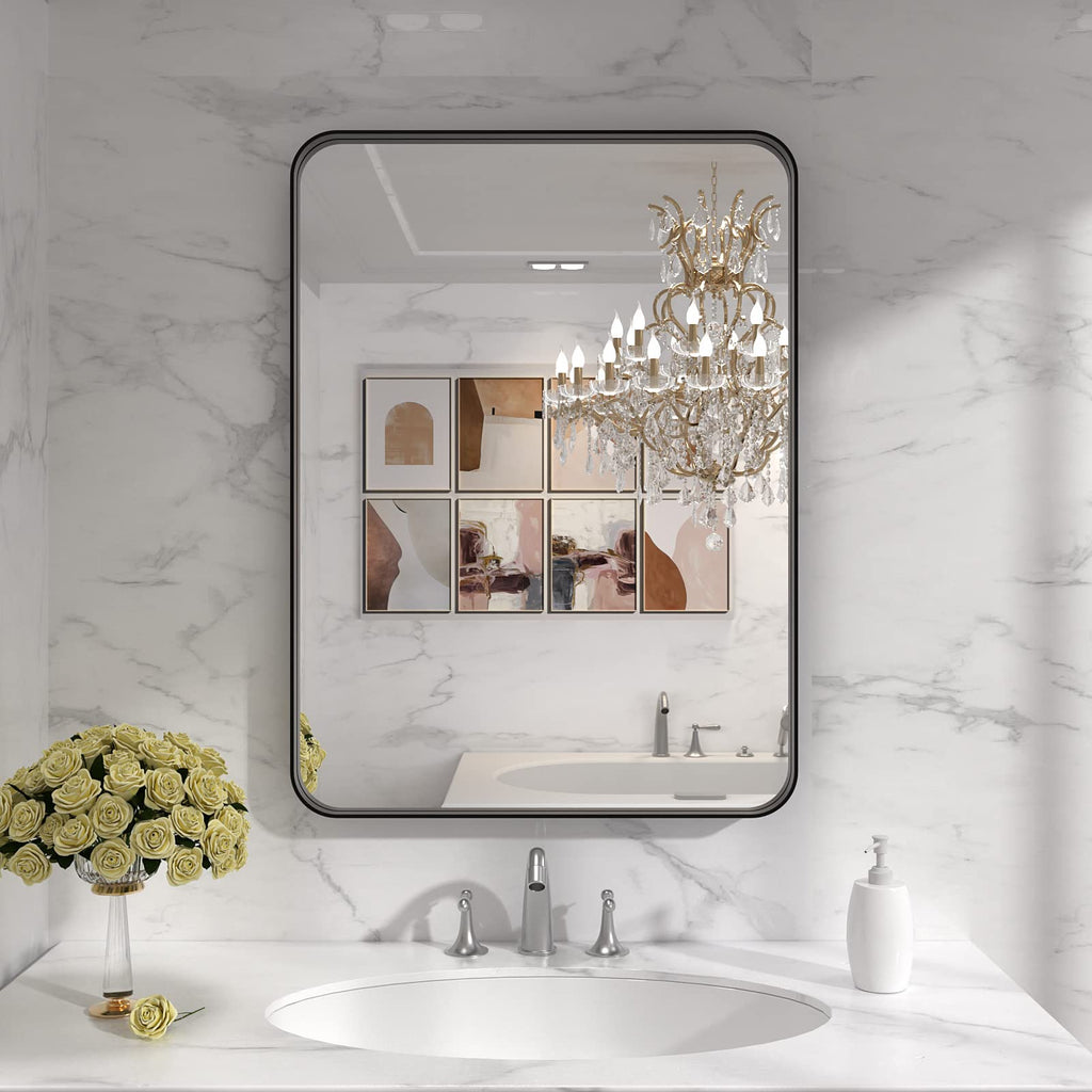 LOAAO 22X30 Inch Black Bathroom Mirror Metal Framed | Rounded Rectangle, Matte Black Bathroom Vanity Mirror, Anti-Rust, Hangs Horizontally or Vertically