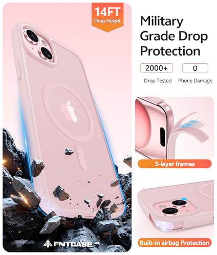 FNTCASE for iPhone 15/14/13 Case, Fit for Magsafe, Glass Screen Protector | Translucent Matte, Magnetic Phone Cases, 14FT Military Grade Drop Protection, Slim Shockproof Protective Cover, Light Pink