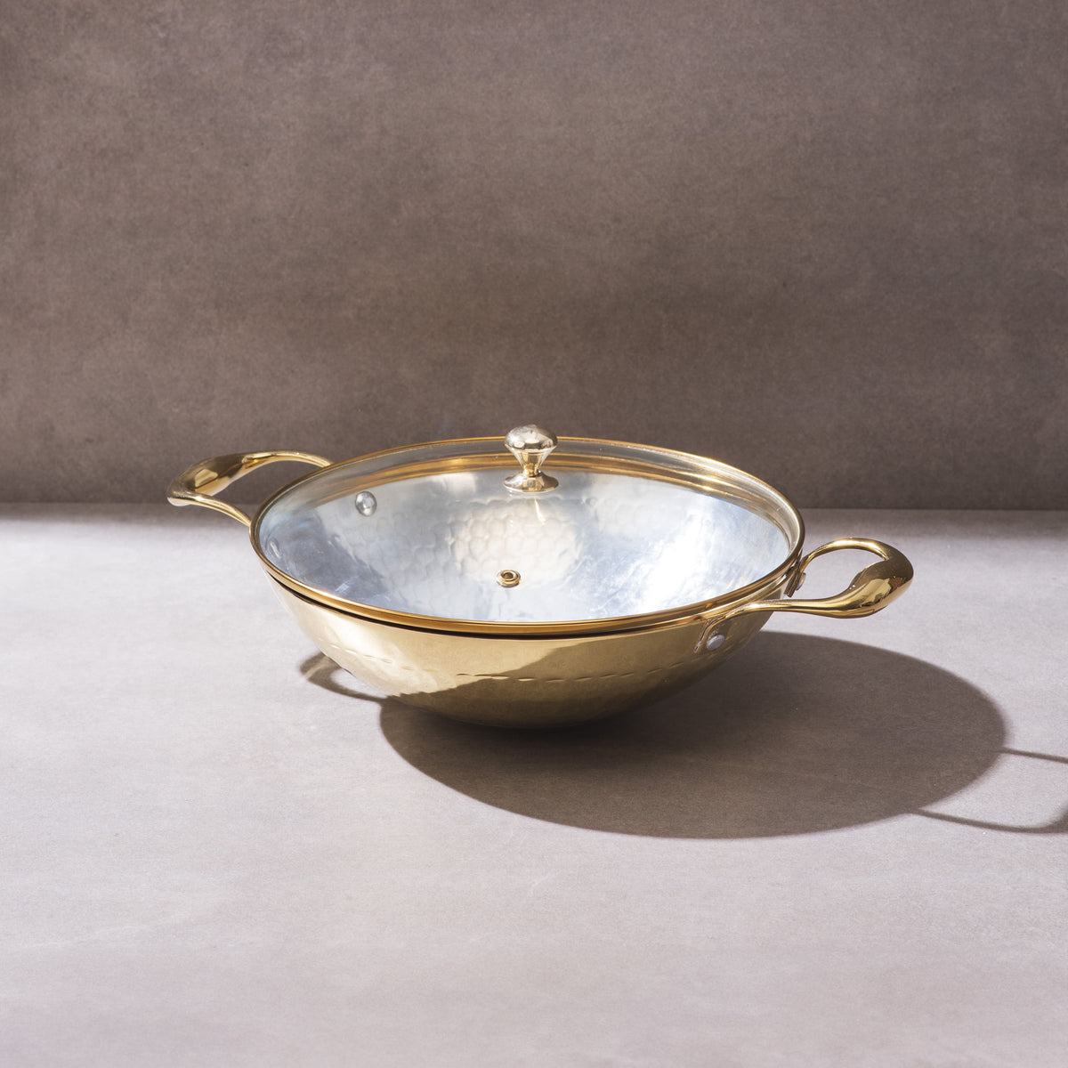 Brass Wok with Glass lid (Circular & Deep cooking/ serving Utensil)