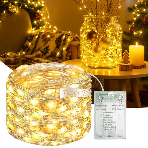 16FT 50 LED Fairy Lights Battery Operated with Timer, Warm White