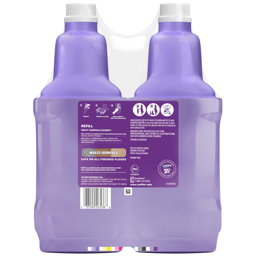 Swiffer WetJet Multi-Purpose Floor Cleaner Solution with Febreze Refill, Hardwood Floor Cleaner, Lavender Scent, 1.25 Liter -42.2 Fl Oz (Pack of 2)