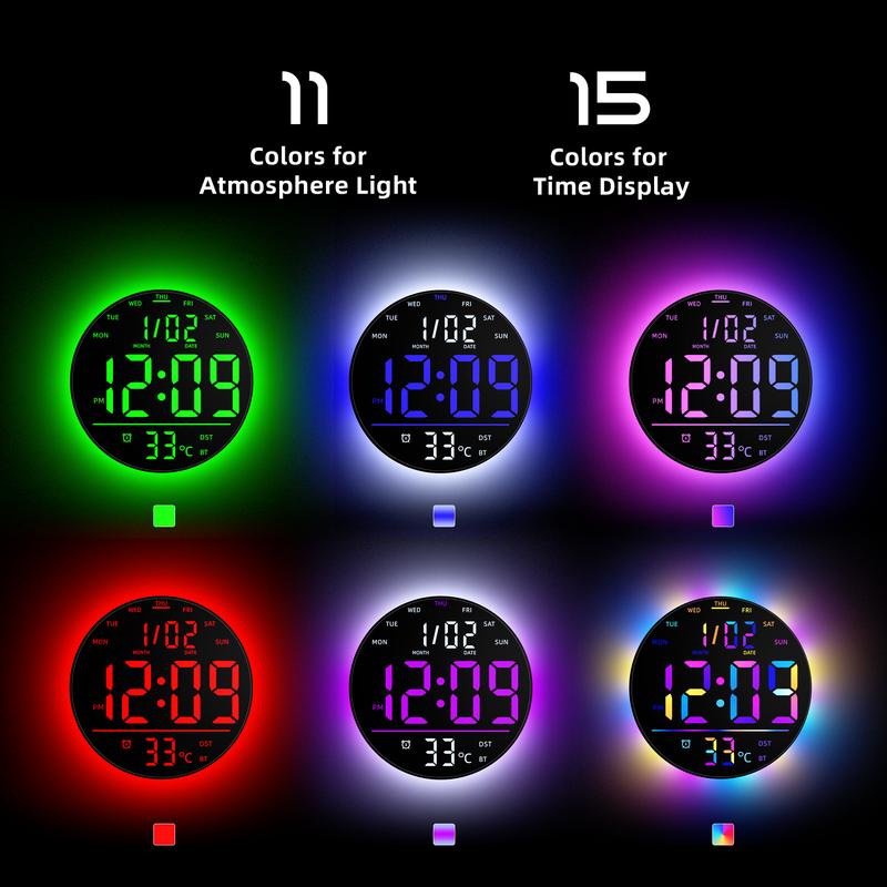 360° RGB LED Digital Wall Clock with Music Sync | 10" Large Anti-Glare Display, Bluetooth Auto Time, Remote Control, Auto Dimming & 15 Color Modes (USB Powered)