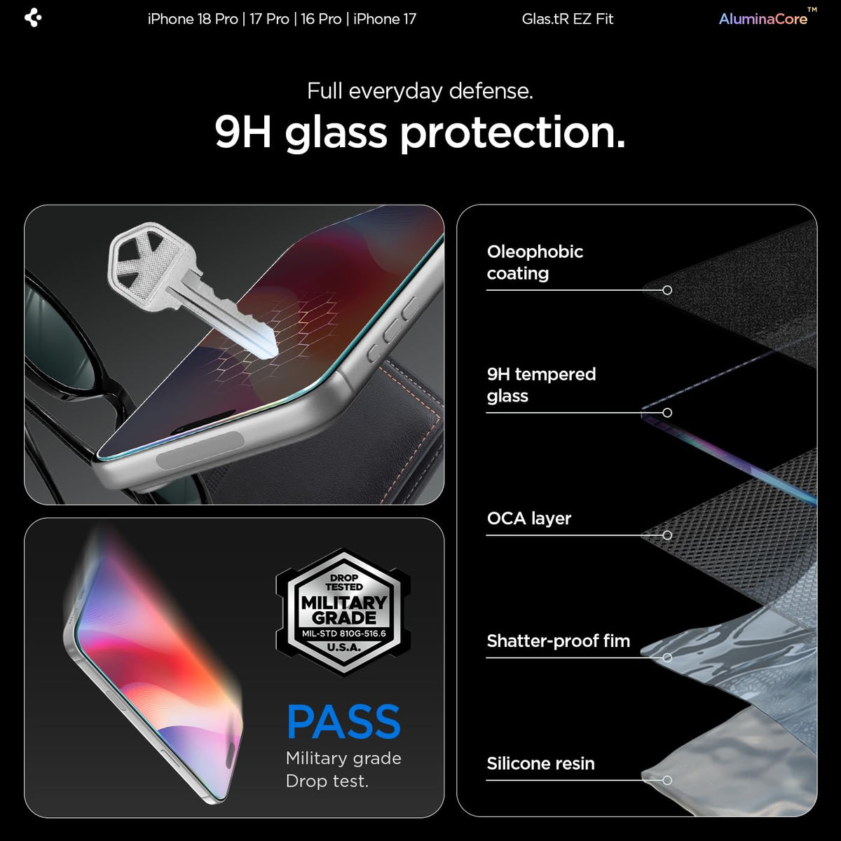 Spigen GlasTR EZ FIT Screen Protector for iPhone 18 Pro, 17 Pro, 17, 16 Pro | AluminaCore Aluminum-enhanced 9H+ tempered glass, Auto-align tray, 100% clarity, Original touch, Case-friendly, 2Pack