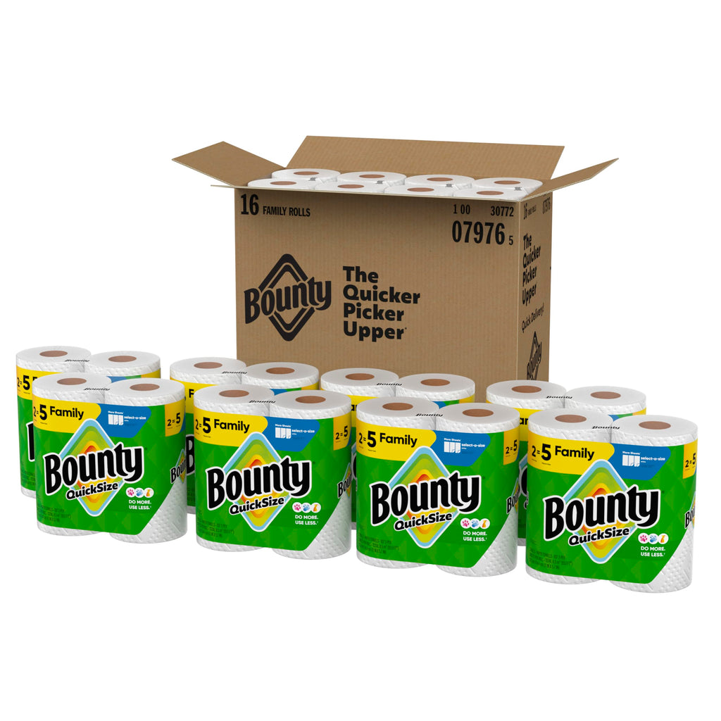 Bounty Paper Towels Quick Size, White, 16 Family Rolls = 40 Regular Rolls