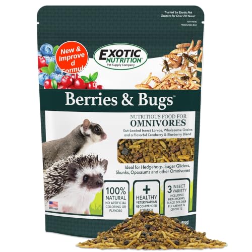 Berries & Bugs 1.5 lb - All Natural High Protein High Fiber Food for Hedgehogs, Skunks, Opossums, Sugar Gliders - Universal Insectivore Diet with Fruit, Gut-Loaded Insects, & Healthy Vitamins