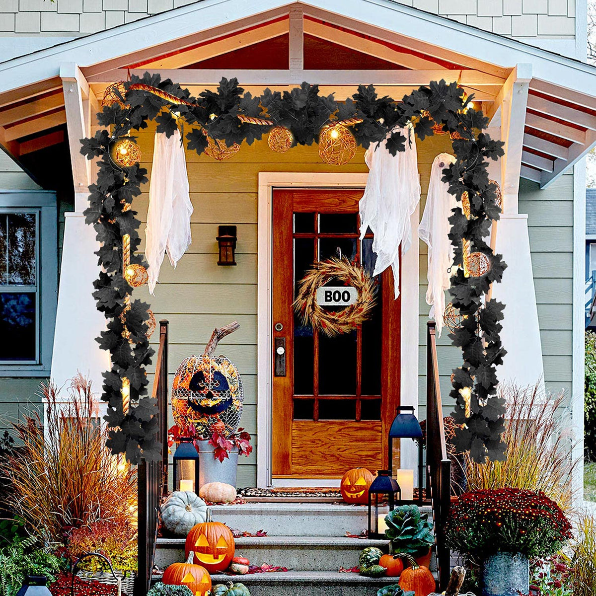 2Pcs Black Maple Leaf Garland Halloween Artificial Fall Leave Vines | 11.8FT, Fall Floral Garlands Thanksgiving Decor for Home Wedding Party