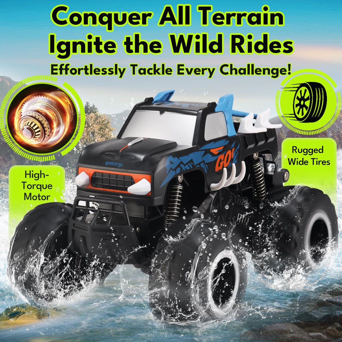 Threeking 1:16 Amphibious Monster Truck All Terrain Remote Control Car Toys | Waterproof Durable 4WD Off-Road RC Crawler Cars Pick-Up Unique Toy Gifts for Boys Girls Ages 6-12