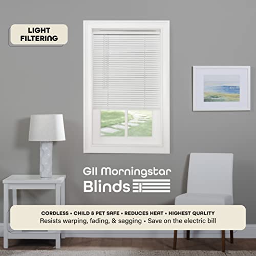 Cordless Light Filtering Mini Blind, 27 x 64 in, Pearl White | Cordless Lift and Light-Filtering Control: Slat-Based Blind Construction with Adjustable Light Control.
