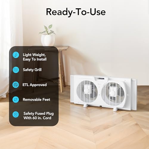 COMFORT ZONE Reversible Twin Window Fan with 3-Speeds & Expandable Width | Draw Cool Air In or Manually Reverse to Pull Warm Stale Air Out, Removeable Bug Screen, ETL Certified for Home and Kitchen