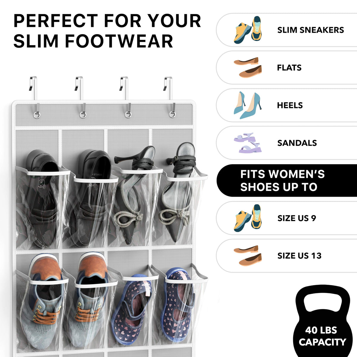 Simple Houseware 24 Pockets Clear Over the Door Shoe Organizer, Gray | 64" x 19", 4 Durable Metal Hooks, 4.3" x 9.5" Pocket Size, Multipurpose