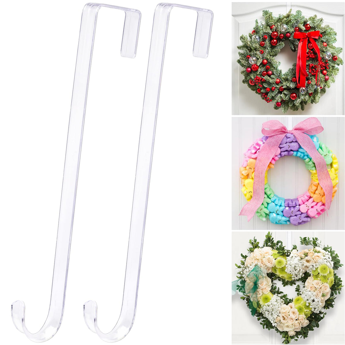 12" Clear Wreath Hangers for Front Door, 2 Pack Over Door Hooks Non-Scratch | Easter, Halloween and Christmas Wreaths, Welcome Signs, Front Door, Porch, Entryway, Indoor Outdoor Seasonal Home Fall Decor