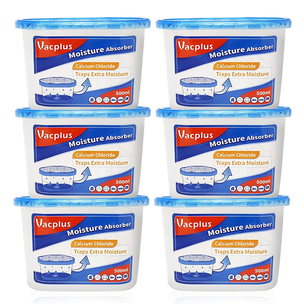 Vacplus Moisture Absorber, 10.5 OZ, Strong Absorption, Fragrance Free | Closet, Bathroom, Car, Odor Eliminator, Dehumidifier Bucket, 6 Pack