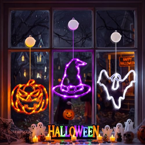 Minetom 3 Pack Halloween Windows Lights - Pumpkin, Ghost, Hat with Timer | Battery Operated Halloween Lights with Firm Suction Cup, Halloween Decorations for Windows, Doors, Balconies, Wardrobes
